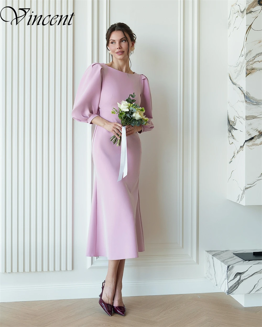 ที่กําหนดเอง Simple Mermaid ชุดราตรีคลาสสิก 3/4 แขนชาความยาว O-คอชุดราตรี JERSEY Bow ซาอุดีอาระเบีย PARTY Dresses