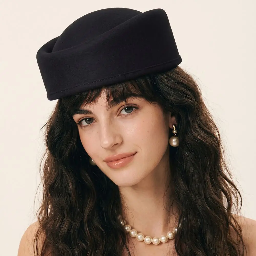 Woolen Top Hat Vintage Topper Hat Solid Color Charm Pillbox Hat Retro Elegant Airline Stewardess Caps Live Show