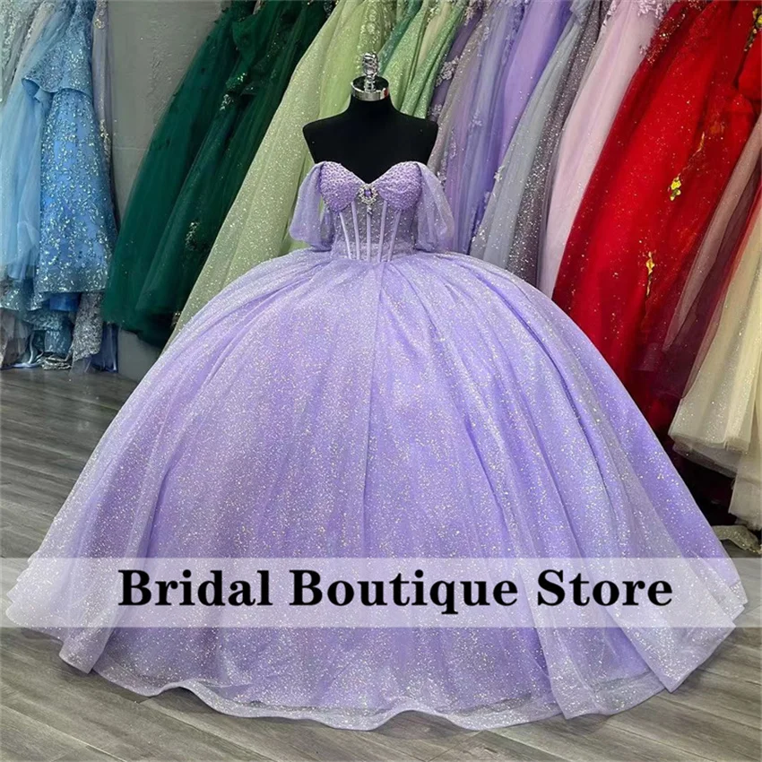 Vestido De quinceañera De princesa púrpura lavanda brillante, cuentas De cristal, diamantes De imitación, Vestido De lujo mexicano dulce 16, 15 Años