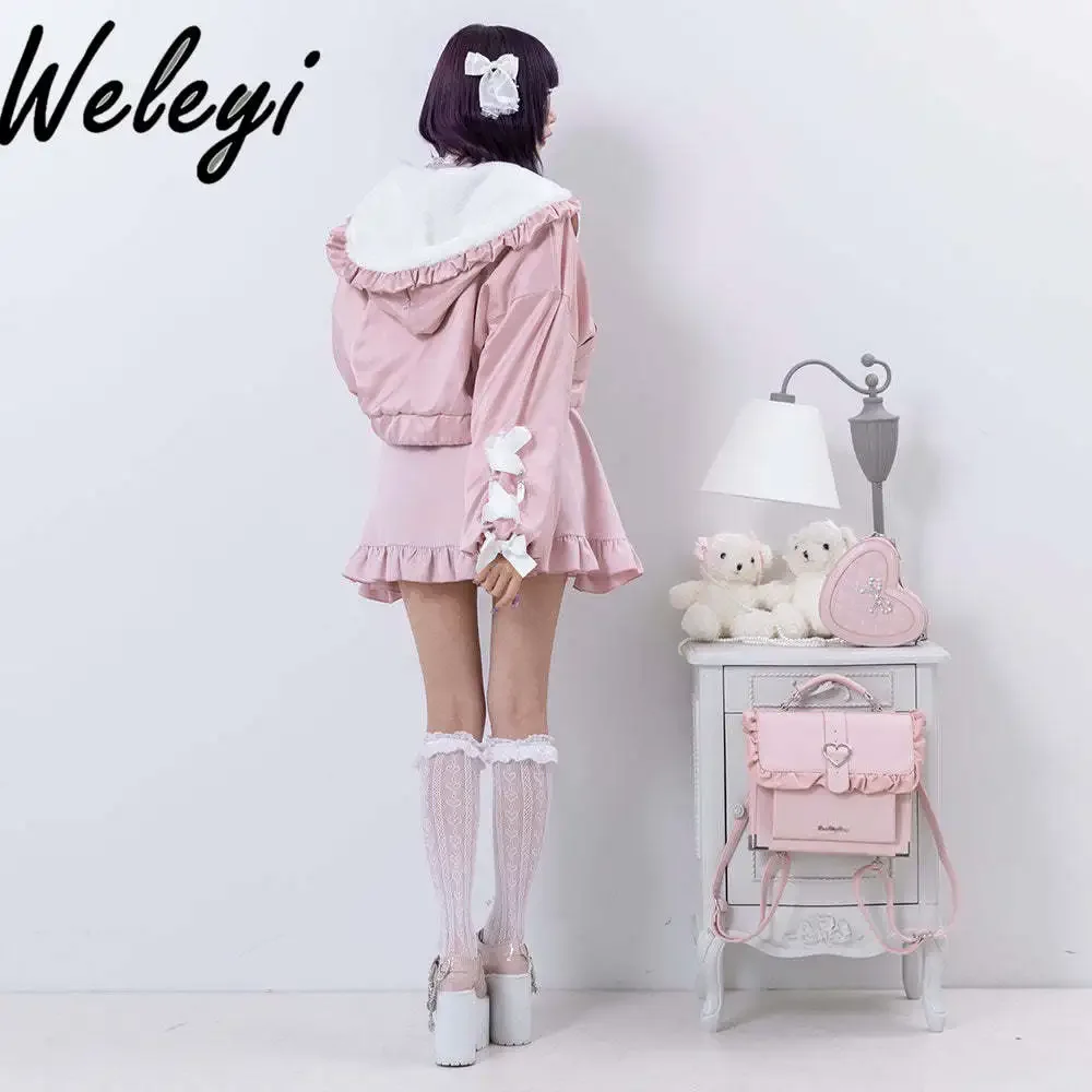 Jirai Kei Cute Thick Short Plush Coat Both Sides Sweet Woman Winter Jacket Lolita Kawaii Lace-up Fluffy Coats.Femininos Inverno