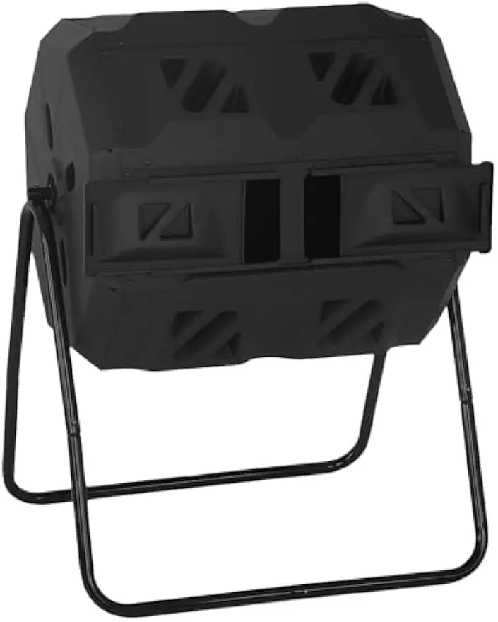 

43 Gallon Dual Chamber Tumbling Compost Bin with Sliding Doors for Garden Patio Kitchen Yard, Black