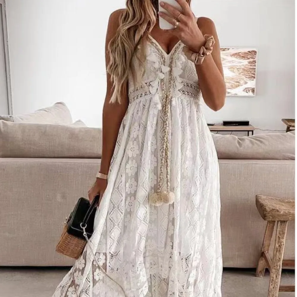 

Fashionable Summer Long Dress Sexy Elegant Beach Vacation Style Lace Sleeveless Hollow Suspender High Waist Large Dresses