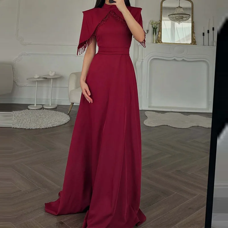 Elegante hooggesloten feestjurk met sjaalmouwen Damesmode Kwastje Splicing Avondjurk Casual taille Slanke effen plooi Rode jurk