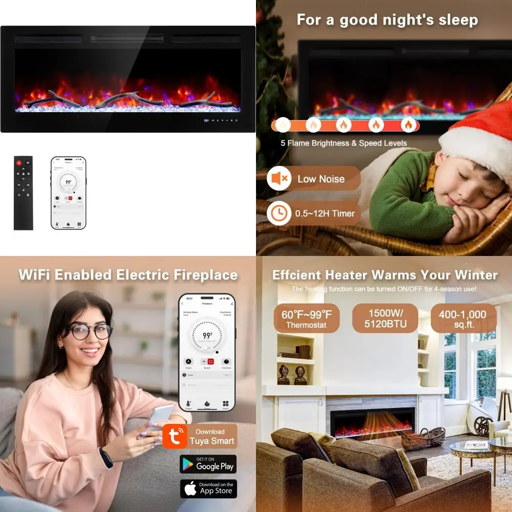 

42-Inch Smart WiFi Electric Fireplace Heater with Wall Mount and Recessed Insert, Timer, Child Lock, and Realistic Flame Effect