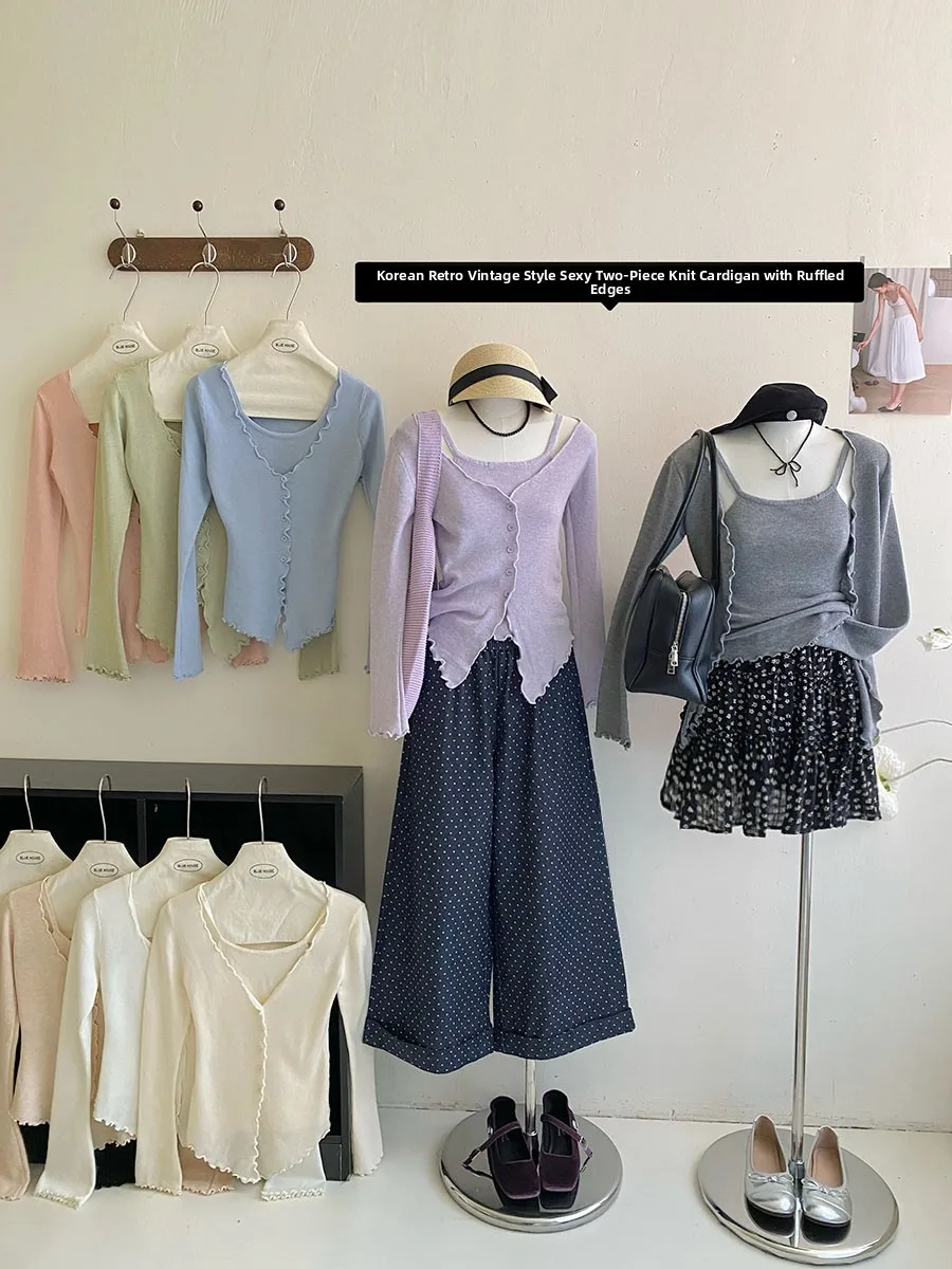 كارديجان نسائي رقيق بأكمام طويلة وتصميم أنيق، قطعة علوية كاجوال بلون واحد وتصميم يشبه الأذن، إطلالة من قطعتين لفصل الربيع