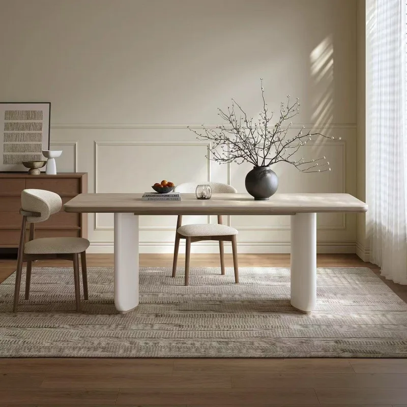 طاولة طعام من حجر نفق الرياح الكريمي الفرنسي، شقة صغيرة منزلية، طاولة طعام بسيطة مستطيلة من الخشب الصلب