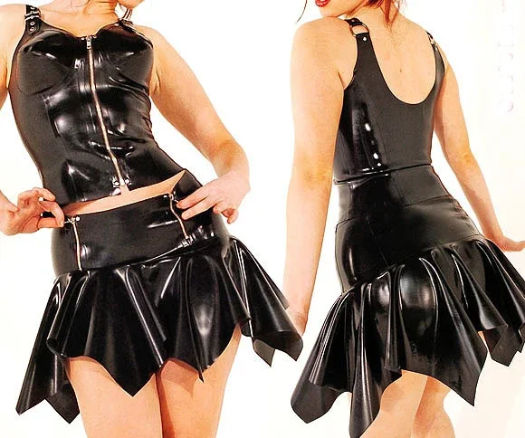 

100% Rubber Latex Women Sexy Black Camisole Sling and Skirts Suit With Zipper Size S-XXL