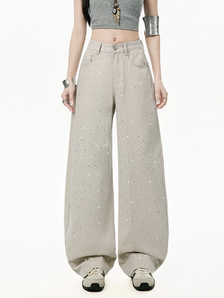 

KSTUN Women's High Waist Wide Leg Jeans Shiny Rhinestone Baggy Denim Pants Casual Streetwear Trousers Beige 2026 Spring New