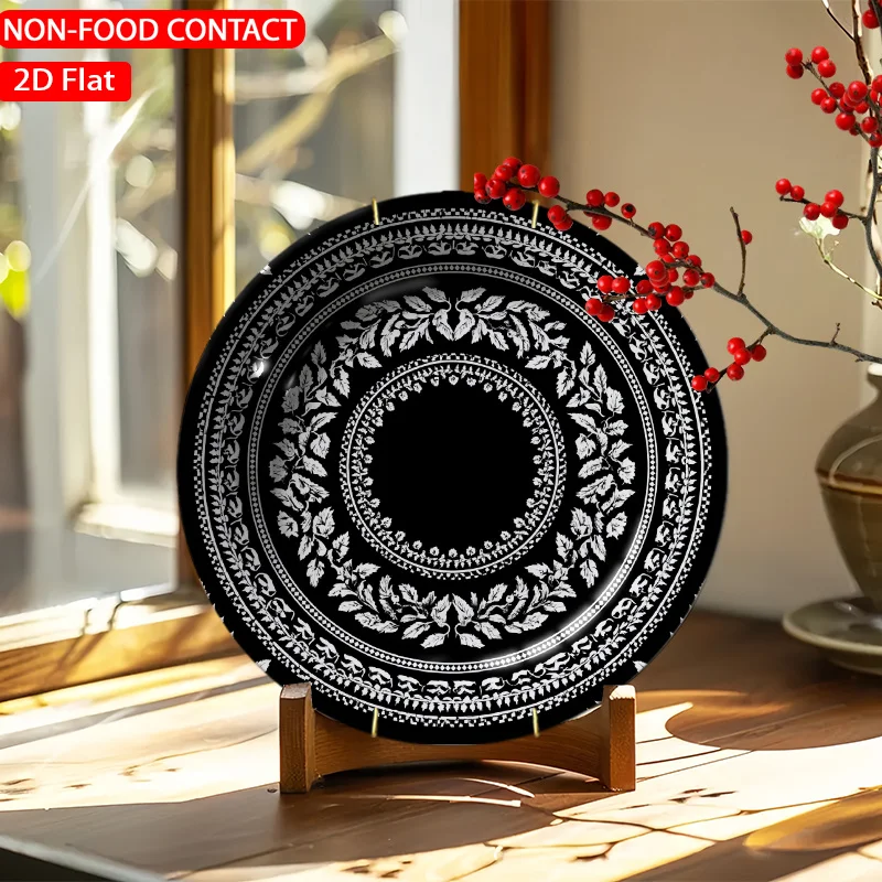 1pc Ceramic Decorative Plate Retro Ornate Leaf Circle Black--2D Planar Circular Porcelain Plate, Not for Food Contact, for Home