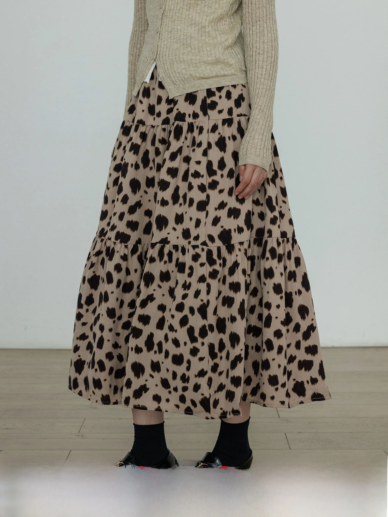 

Весенняя винтажная юбка А-силуэта с высокой талией, женская повседневная юбка с леопардовым принтом, полная длина, для работы, из полиэфирного волокна