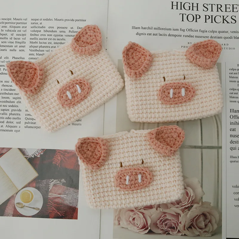 Handmade Crochet Pig Coin Purse, Cute Cartoon Pig Face Knitted Mini Card Holder Storage Pouch
