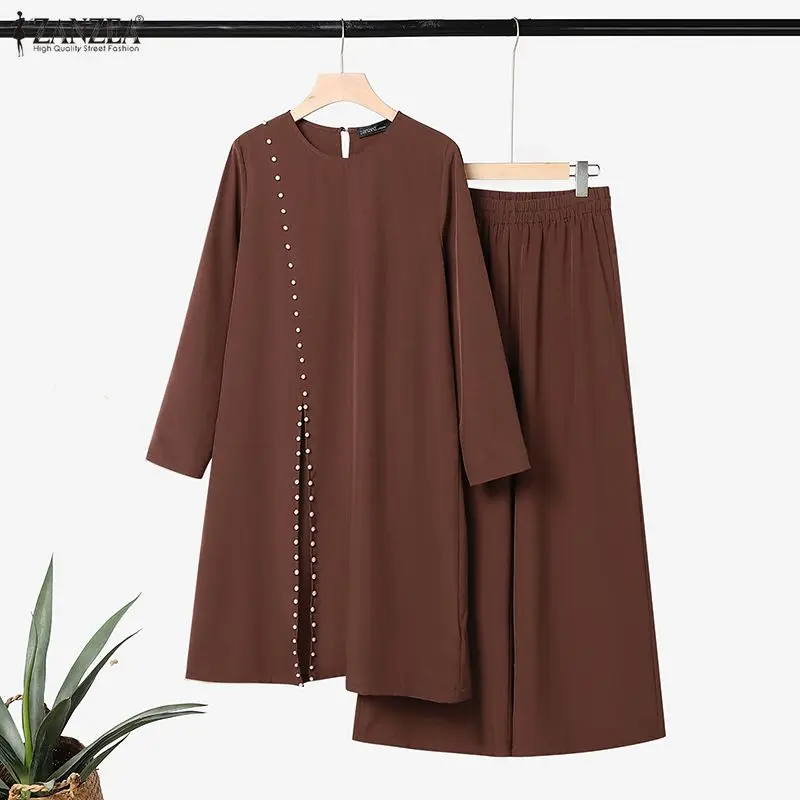 ZANZEA Casual Women Pants Sets Fashion Muslim Sets Two Piece Outfits Long Sleeve O Neck Front Slit Blouse Long Pants Autumn 2PCS