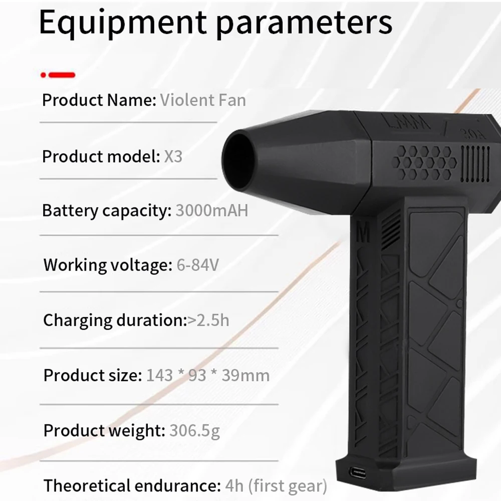 Motor sin escobillas de mano, soplador violento X3, 130.000 RPM, 200W, Mini ventilador de chorro Turbo, velocidad del viento, ventilador de conducto industrial de 52 m/s