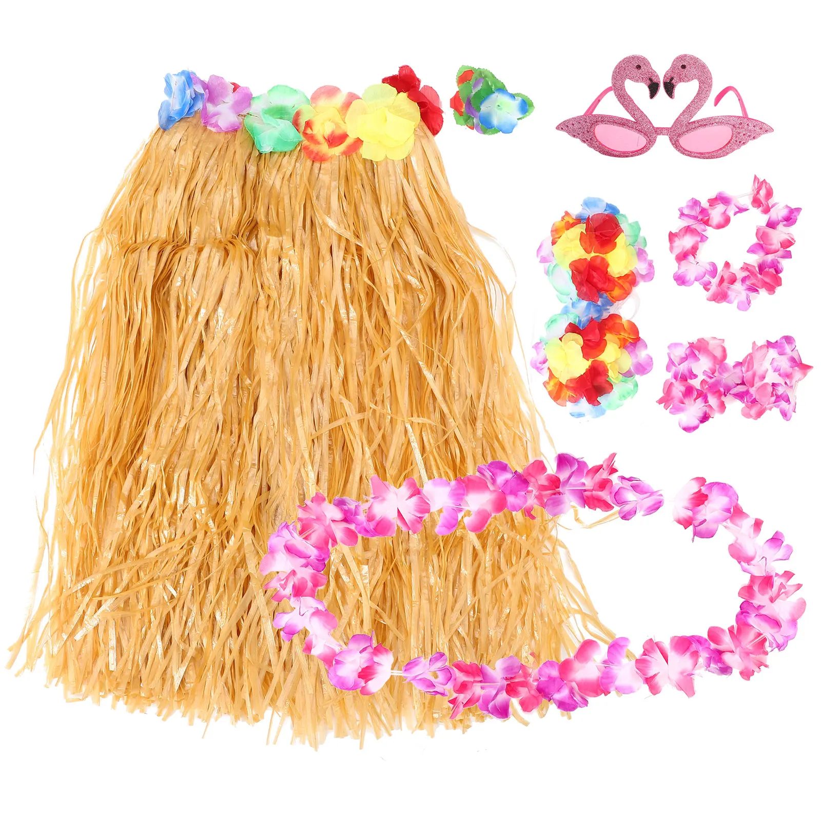 

1 set Straw Skirt Hair Clip Sunglasses Lei Party Supplies Hawaiian Costume Accessories 60CM Grass Skirt Luau Decorations Garland