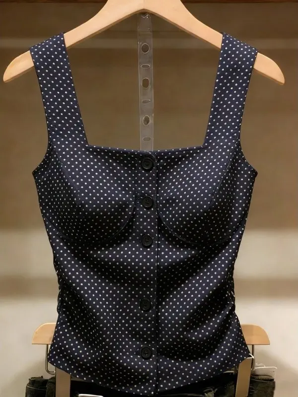 Summer 2026 American Retro Polka Dot Sleeveless Vest Women's Slimming Top Breathable Comfortable Single Button Closure