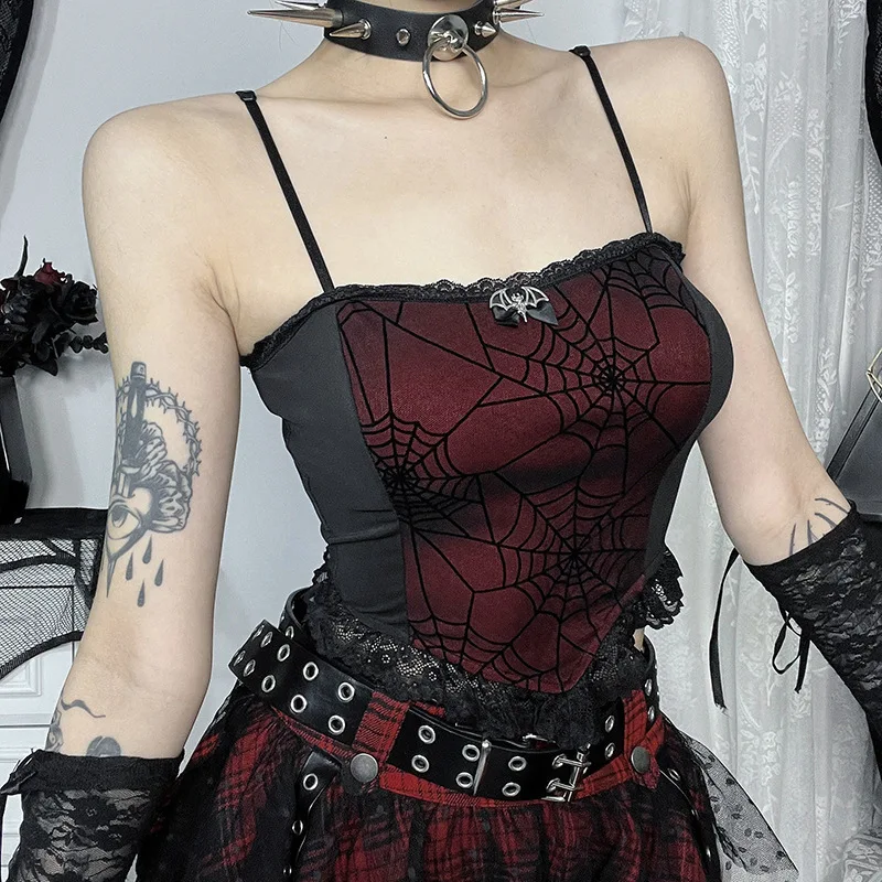 

Y2k Girl Spider Web Sleeveless Vest Youth Women New Halloween Gothic Emo Punk Corset 2000s Aesthetic Vintage Tank Tops Female