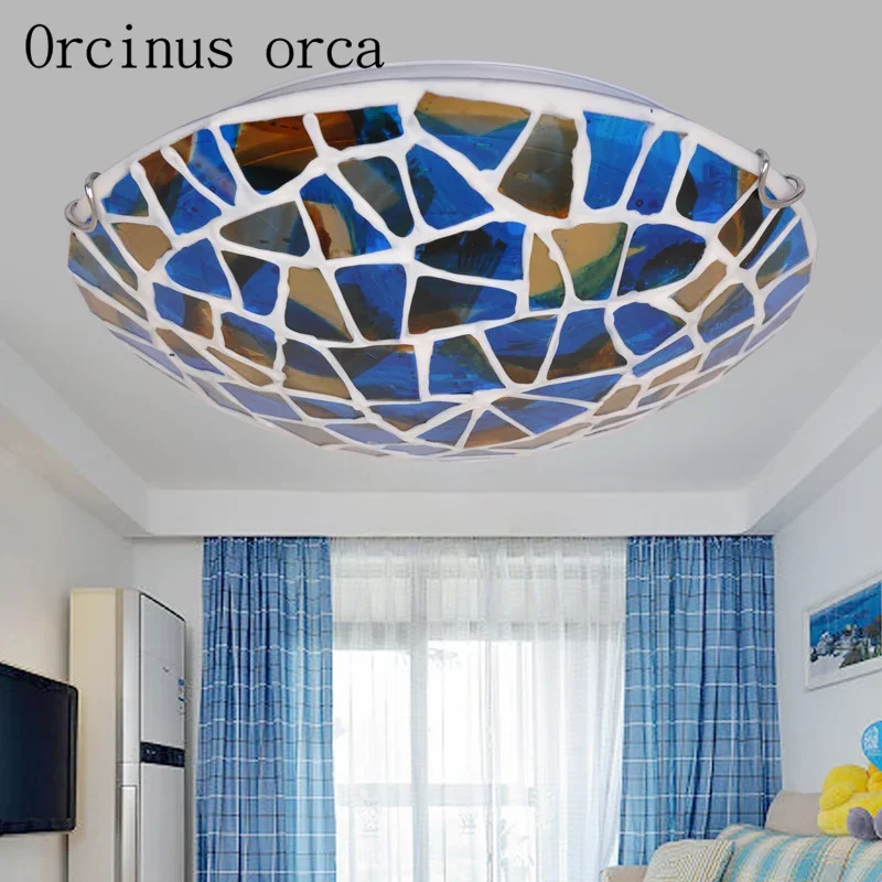 Mediterranean painted glass ceiling lamp living room bedroom balcony European style romantic warm blue ceiling lamp