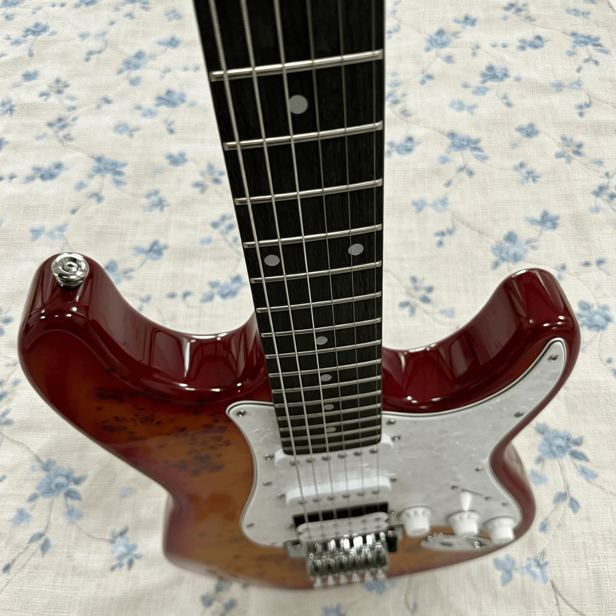 US Warehouse Burst Burl Top ST Style Electric Guitar SSH Pickup Configuration White Pearl Pickguard Chrome Tremolo System Vintage Sunburst Stratocaster Guitar for Rock Blues Player In Stock view 6