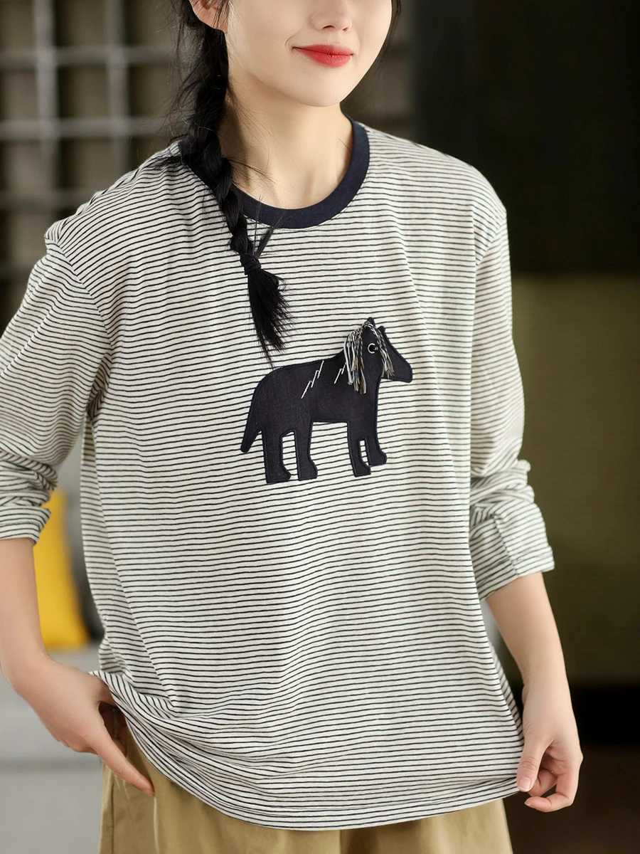 

Casual Cotton Blend Patchwork Striped Long Sve round Ne Pullover T-irt Women's Spring Sle Loose Fit Comfortable Tee
