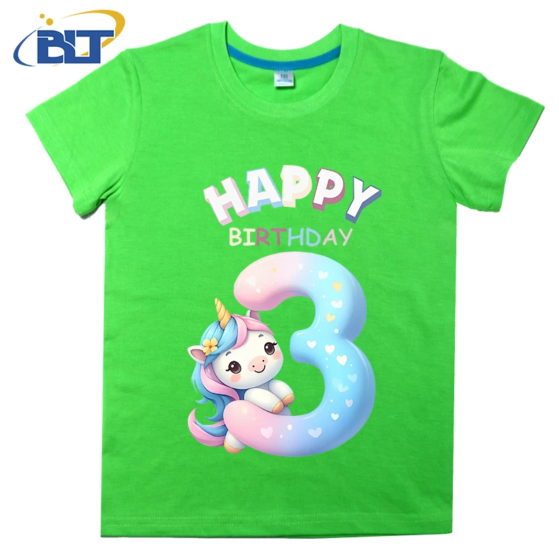 Happy Birthday 3 Years Old Cute with Unicorn Design Print KidST shirt in summer cotton short -sleeved casual top