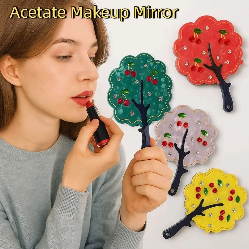 Moda cereja acetato espelho de maquiagem strass colorido forma de árvore espelho à prova de poeira alça dos desenhos animados espelho portátil ferramenta de maquiagem