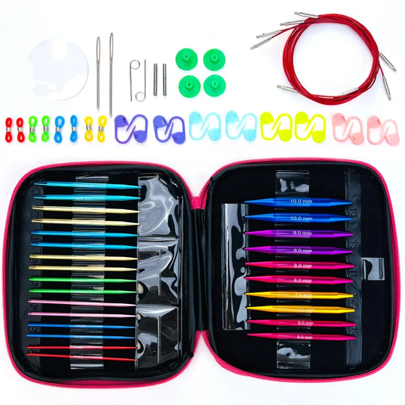 Colorful Aluminum Interchangeable Circular Knitting Needle Set 360 Cords Bag
