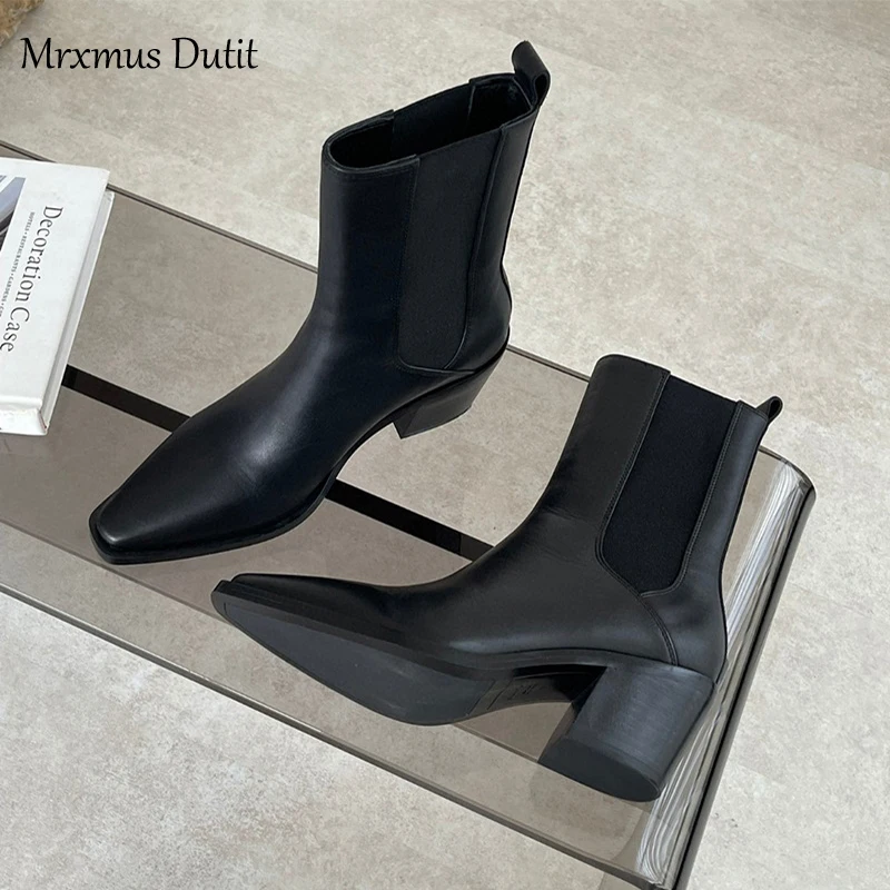 Mrxmus Dutit 2024 Autumn Winter New Women Genuine Leather Pointed Toe Rough Heel Fashion Boots Solid Simple Shoes Female Chic