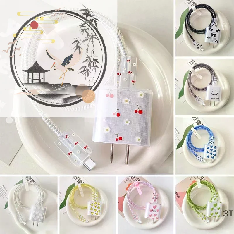 USB Cable Protection Case Original Charger Protector Cover Cute: 1 Set Love Heart Data Line Spiral Winder