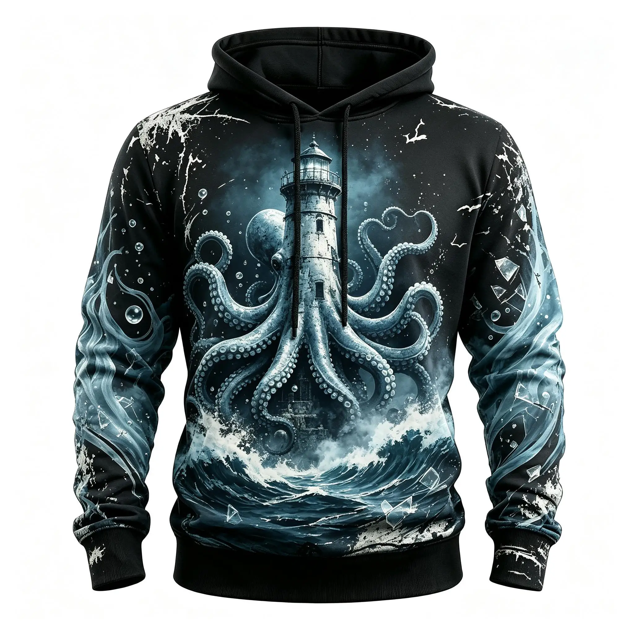 Men's Vintage Clock Gear Raven Full Print Hoodie Halloween Gothic Long Sleeve Drawstring Sweatshirt For Streetwear