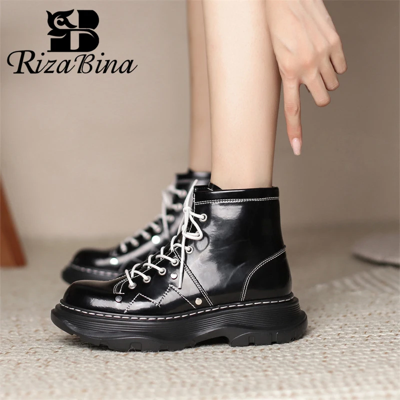 

RIZABINA Casual Ankle Boots Comfortable Round Toe Lace-up Shoes Exquisite Sewing Thick Bottom Commute Office Work Women's Shoes