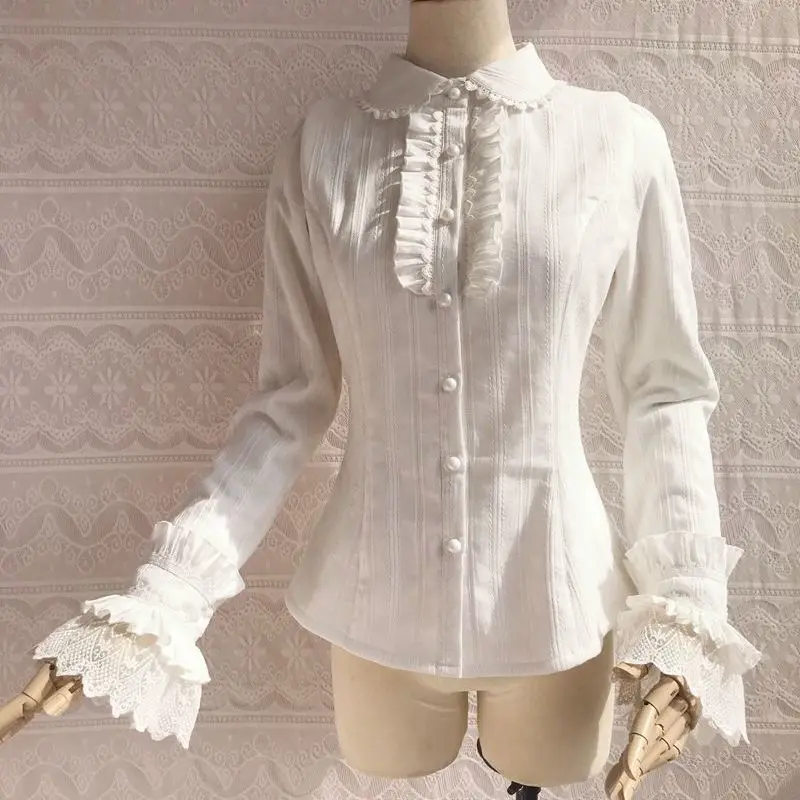 

Japanese Preppy White Shirts Women Vintage Elegant Lace Ruffles Blouses Sweet Lolita Long Sleeve Slim Crop Tops New