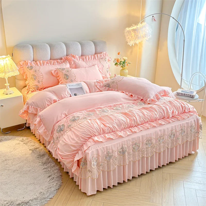 AI WINSURE-Brushed 4pcs Bedding Set, Queen King Size, Lace Bedspread, Elegant Duvet Cover Set, with 2 Pillowcases, Wholesale