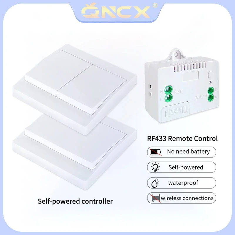 QNCX Wireless Switch RF 433mhz Remote Control 1/2gang No Battery 2 Way Waterproof Push Button Interruptor Self-powered Switch