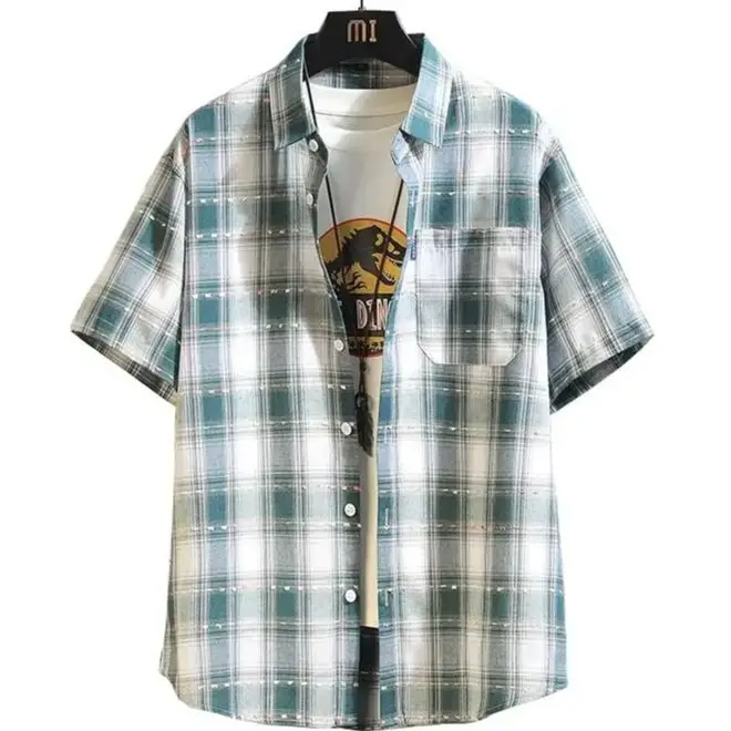 Men's Color Block Plaid Button-down Shirt Short Sleeve Casual Lapel High Quality Loose Hawaiian Beach Top Hip Hop Streetwears