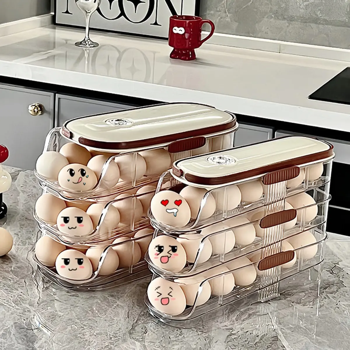 自動回転式大容量卵収納冷蔵庫収納ボックス卵鮮度保持ラック家庭用キッチンツールe