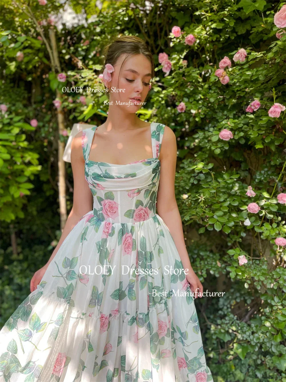 OLOEY Garden Sweetheart Floral Prom Dresses Flowers Print Women Wedding Party Dresses Summer Beach Dresses corsetto Custom Made