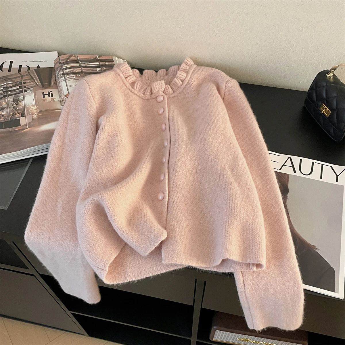 

Модный свитер с рюшами и круглым вырезом, женская осенне-зимняя милая мягкая липкая вязаная куртка, универсальный кардиган