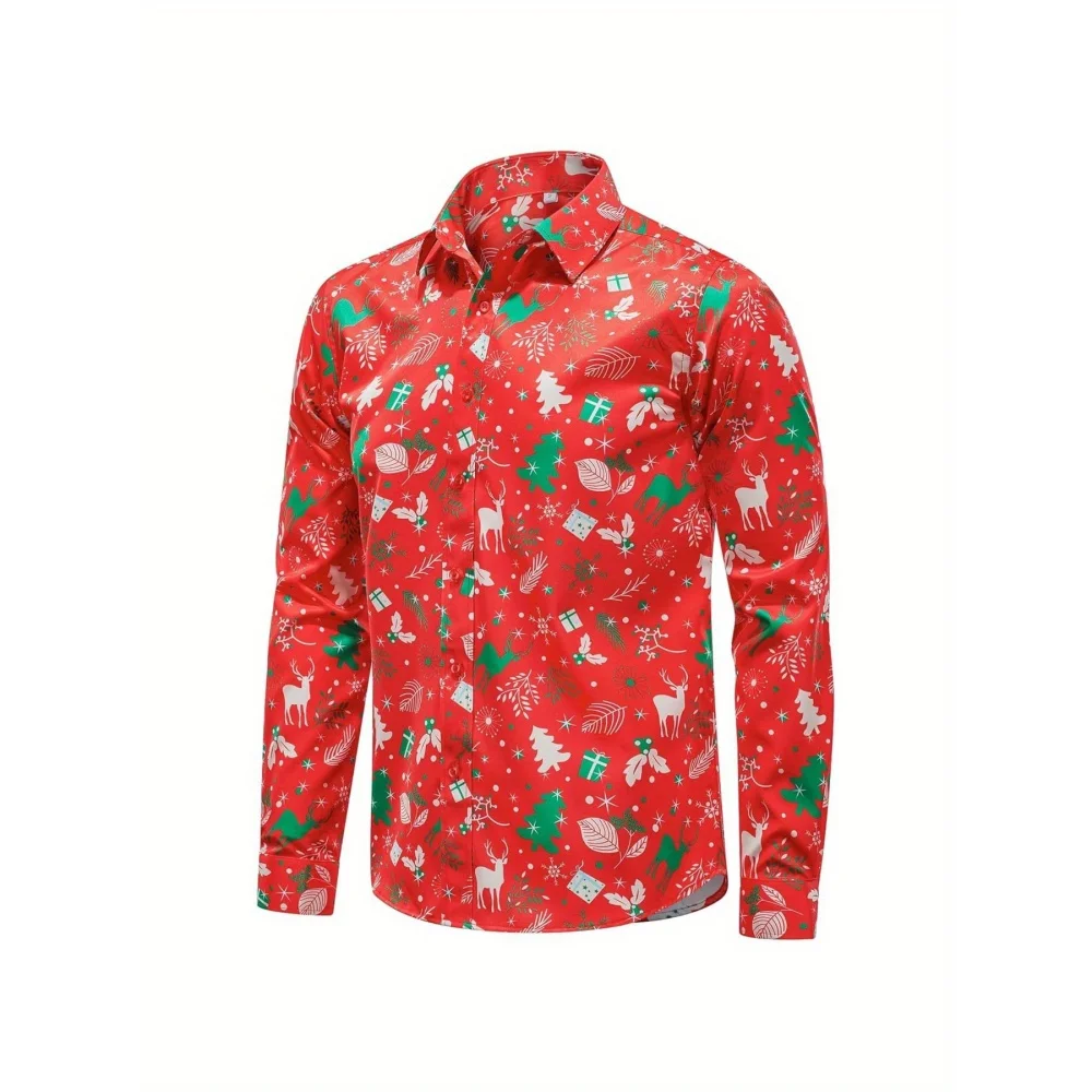 Christmas Santa Elk 3D Print Claus Graphic Beach Shirts Men's Long Sleeve Lapel Oversized Shirt Summer Button Vacation Shirts