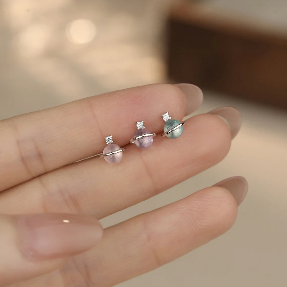 F.I.N.S S925 Silver Coloured Resin Planet Shaped Cubic Zirconia Earrings for Women Simple Piercing Small Ear Studs Fine Jewelry