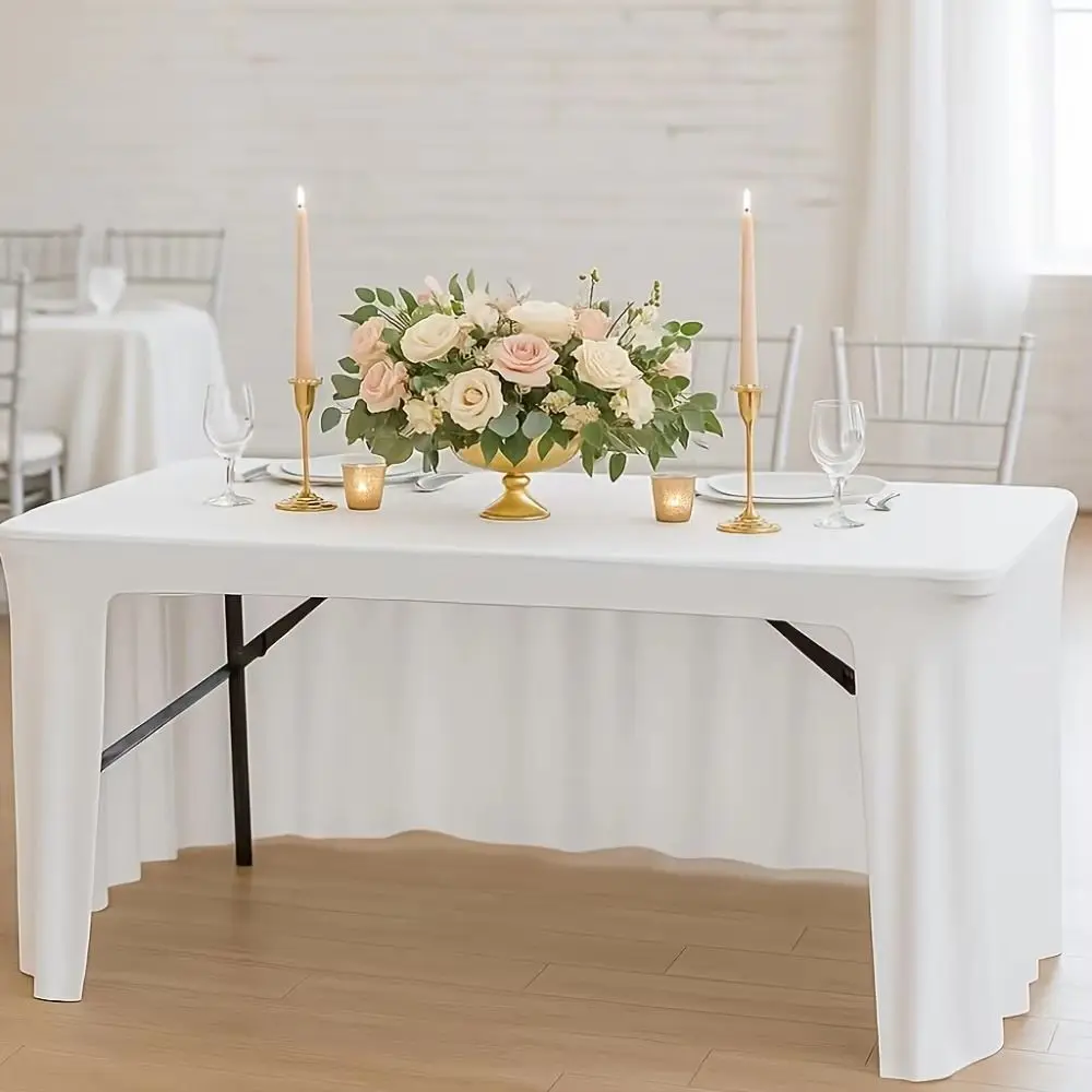 

Elegant 6FT Stretch Tablecloth Solid Color Spandex Rectangular Table Skirts Polyester Wrinkle Resistant Table Cover Banquet