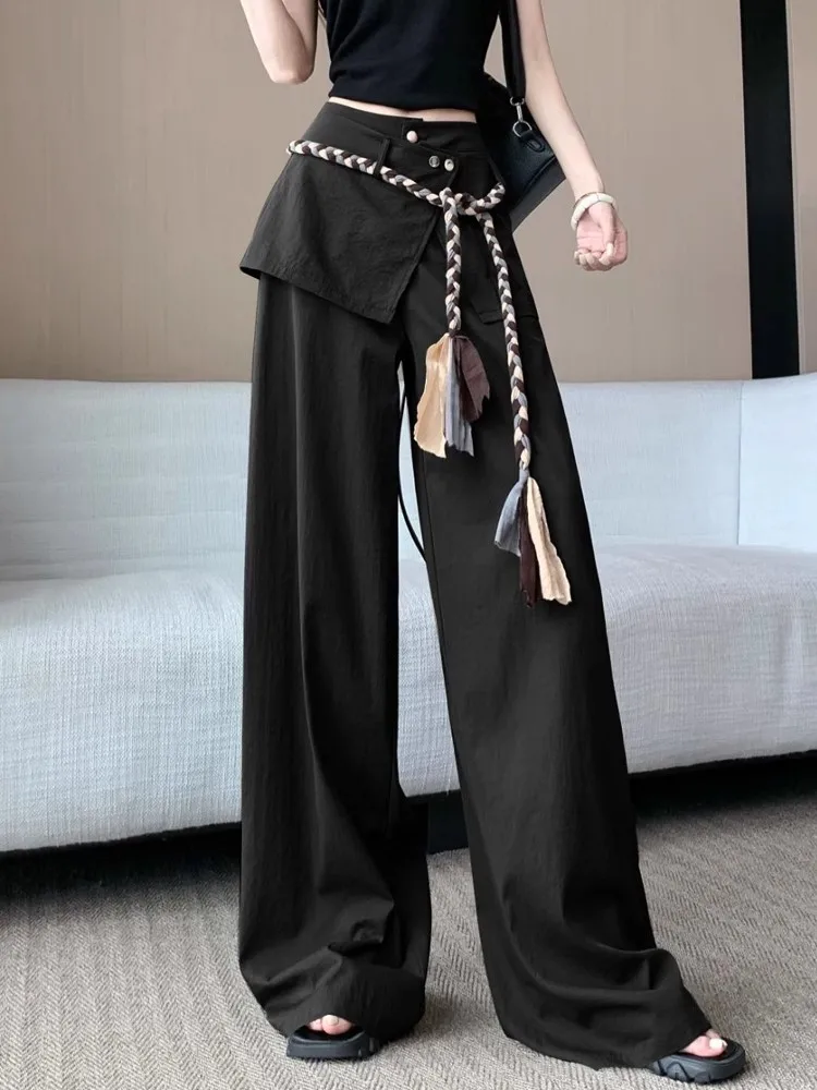 อเมริกัน Casual กางเกงทหารสีเขียวกางเกงขากว้างผู้หญิงฤดูร้อนปลอม 2 ชิ้นผายลมผ้าม่านเอวสูงเผ็ดสาวชั้นกางเกง