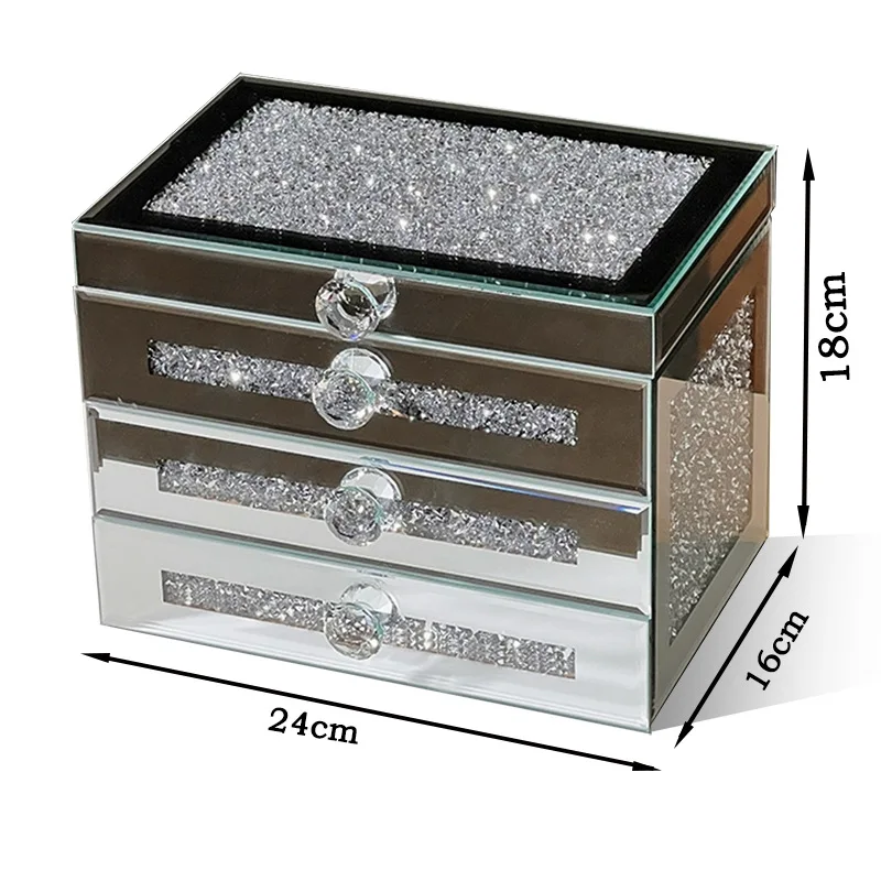 Luxury Jewelry Storage Box for Women, Glass Display Holder, Earring, Ring, Necklace, Diamond Inlaid, 3 Layers, Gift