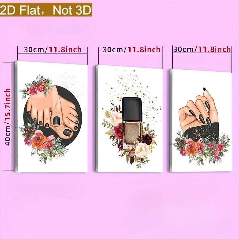 2D Flat, 3pcs Modern Nordic Minimalist Vertical Nail Art Wall Decor Suitable for Beauty Salon & Pedicure Room Poster - Framel