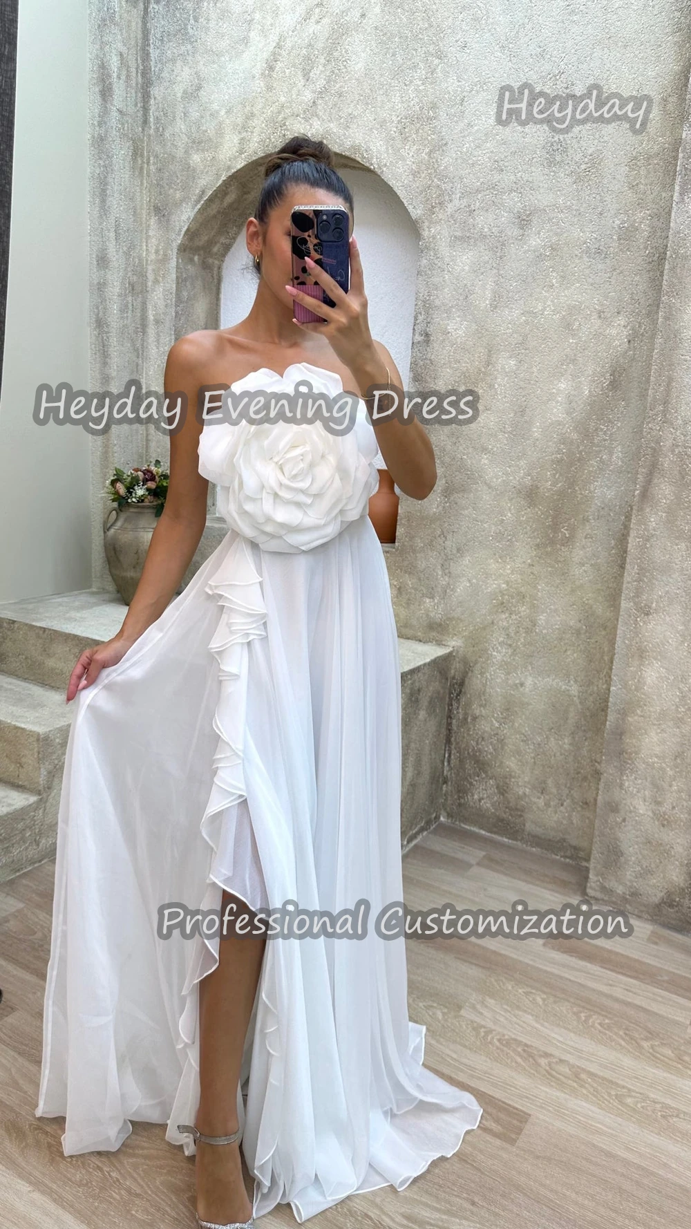 Heyday Strapless Saudi Arabia Sleeveless A-Line Prom Gown Chiffon Flower Floor Length Elegant Evening Party Dress For Women 2024