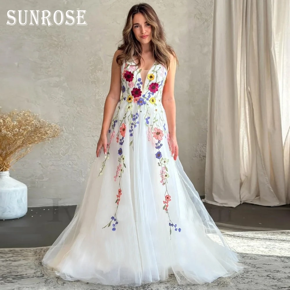 SUNROSE Colorful Floral Embroidered Wedding Dresses 2025 V Neck Backless Rustic Boho Bridal Gowns Garden Bride Dress Customized