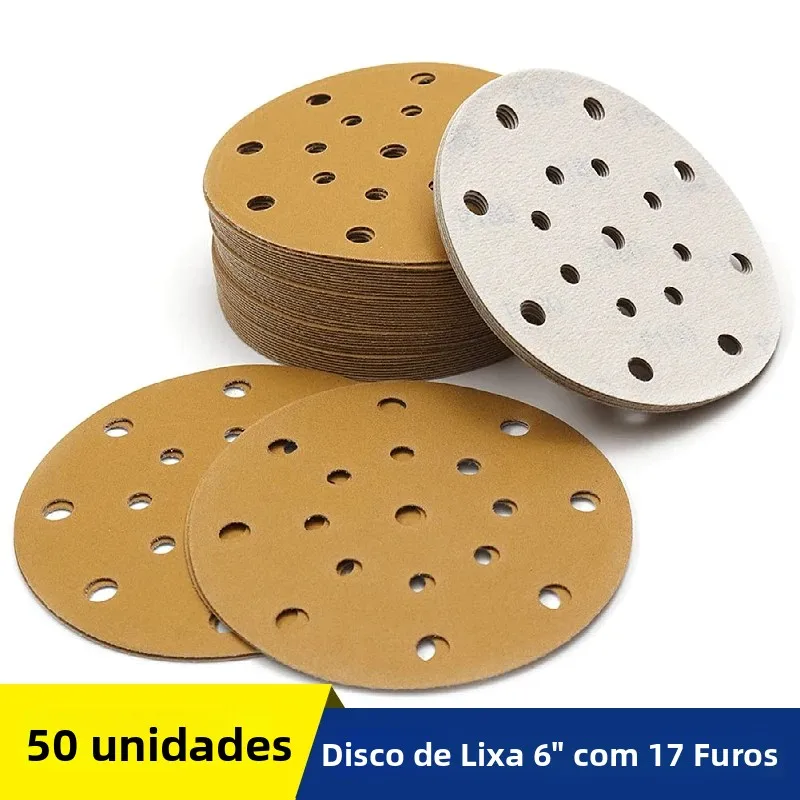 6 Polegada disco de lixa 50 pces, 17 furos gancho & loop apoio lixa seca molhada para lixadeira orbital madeira, metal, polimento de lixamento automático