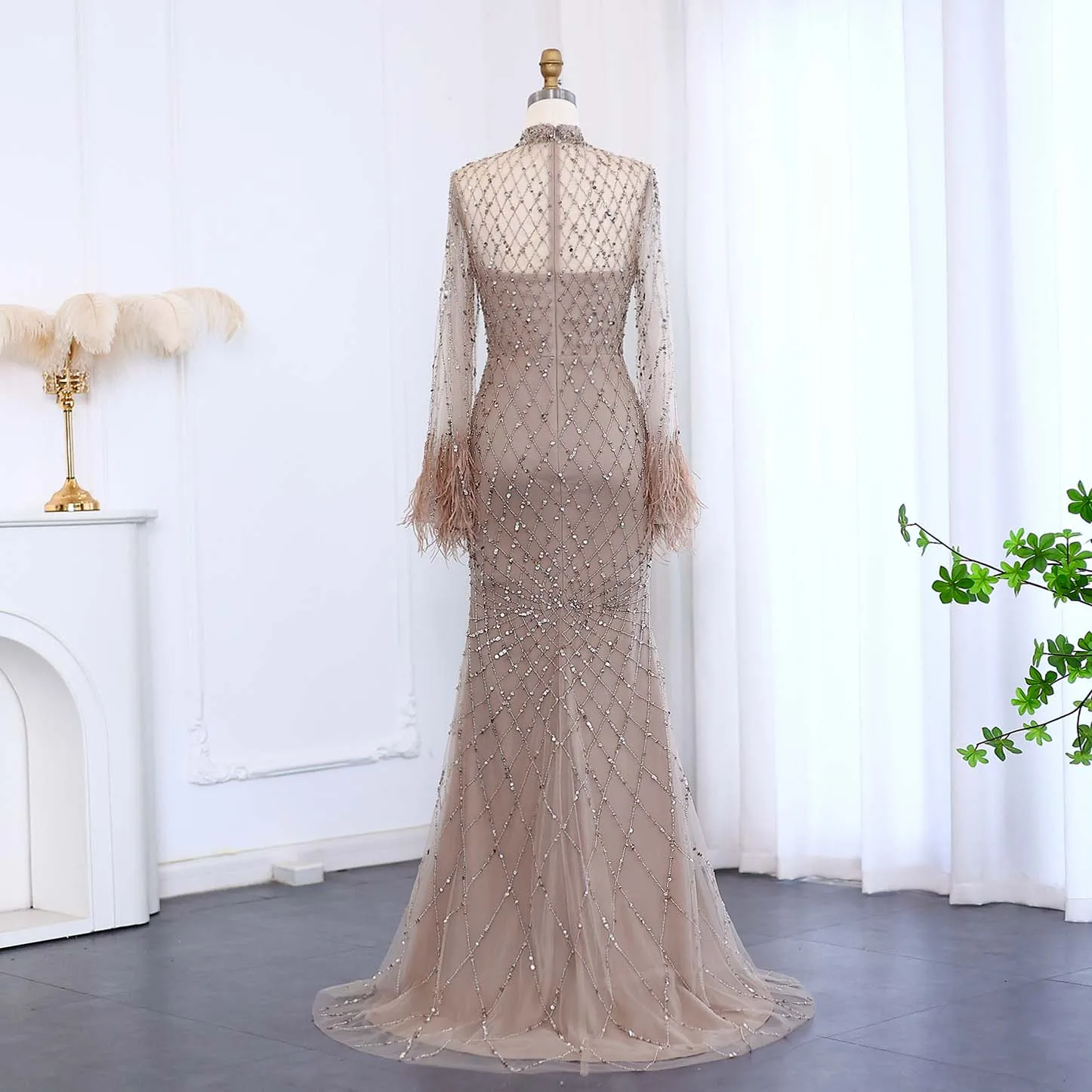 Sharon Said Luxury Beaded Feathers Sage Green Evening Dress Long Sleeves Elegant High Neck Nude for Women Wedding SS144 Custom