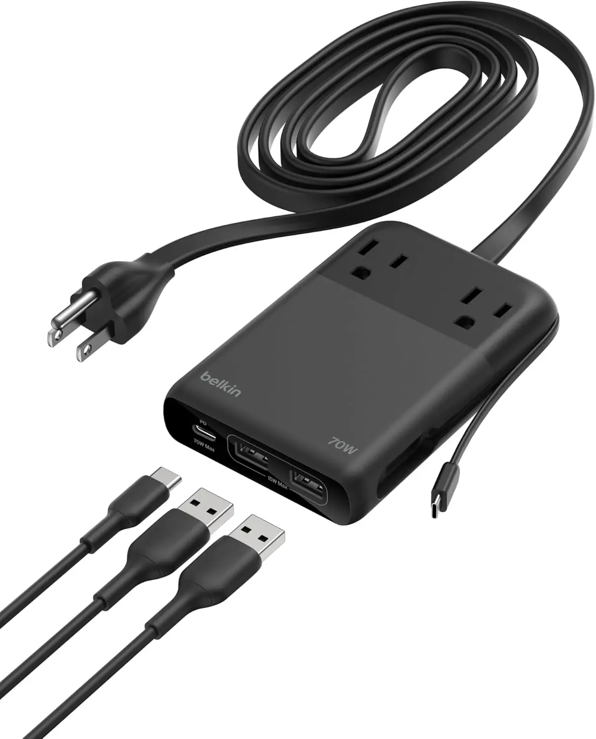 

Зарядная станция GaN 70 Вт 6-в-1 с 2 розетками переменного тока, портами USB-C и USB-A для iPhone, iPad, ноутбуков, для путешествий