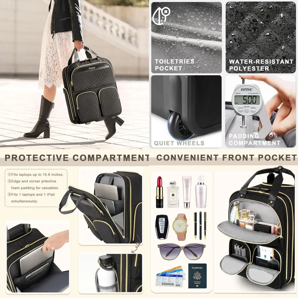 حقيبة حمل بمقعد سفلي مع جيوب متعددة، معتمدة من طيران، مقبض جلدي، حقيبة خفيفة الوزن للنساء، باللون الأسود والأسود