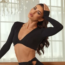 New Women's Latin Dance Clothes ZYM Sexy V Neck Long Sleeves Tops Rumba Samba Tango Performance Dance Costume Short Tops NV22223